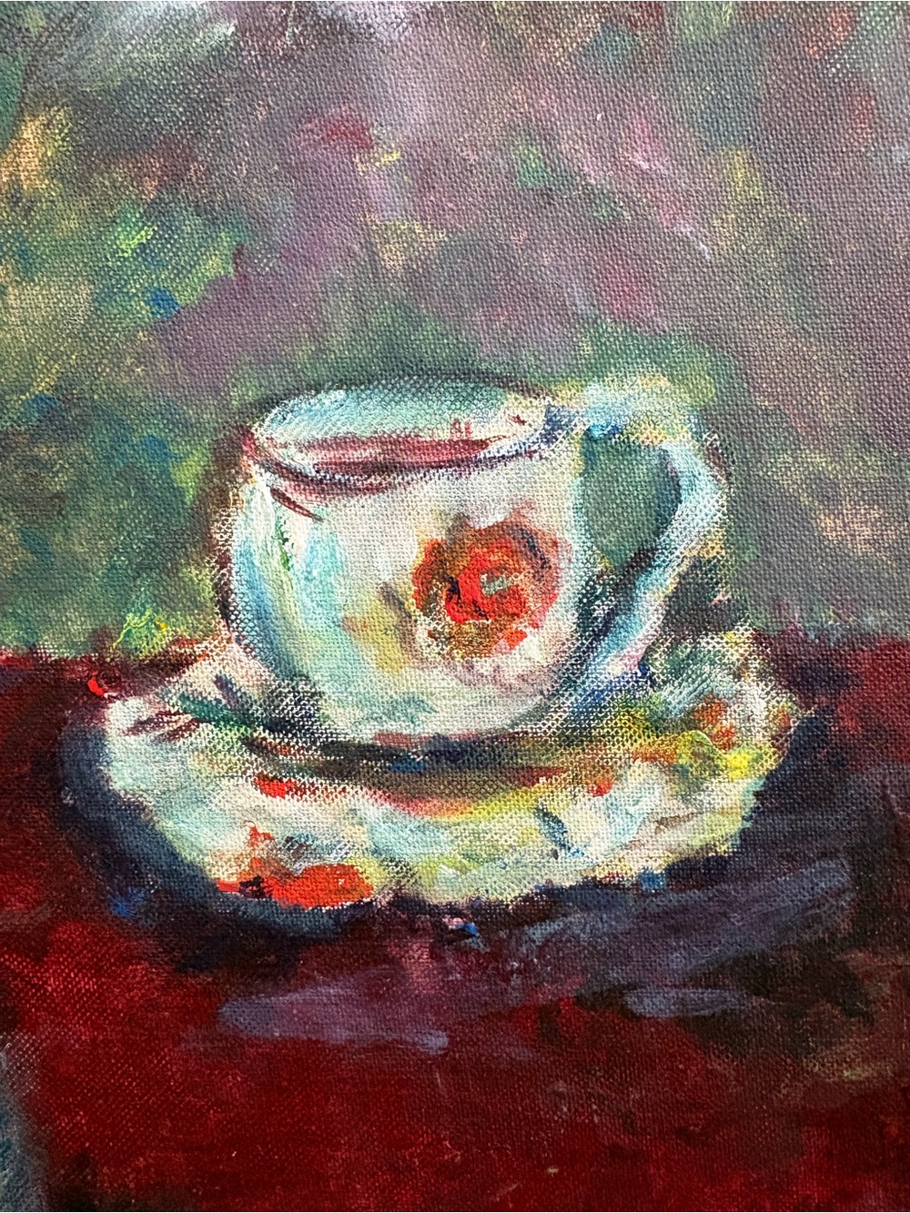 Vintage Teapot Still Life Abstract Oil Painting Framed Green & Gold Impasto VTG - Picture 5 of 14